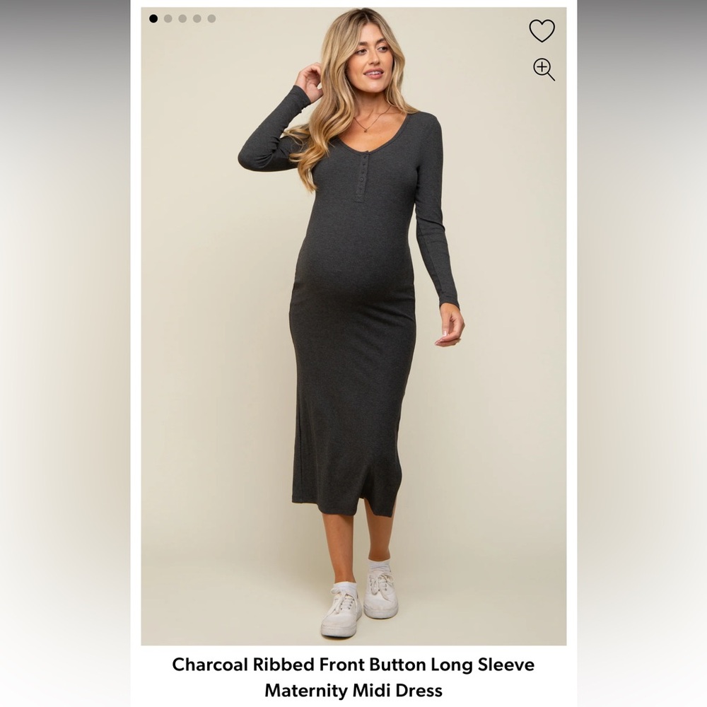 PinkBlush Charcoal Ribbed Front Button Long Sleeve Maternity Midi Dress - Medium